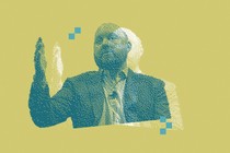 Illustration showing two pointillist drawings of Marc Andreessen overlapped over a lime-green background
