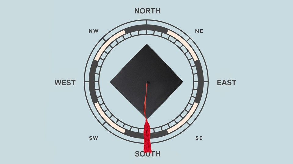 Illustration of a graduation cap with the tassel pointing toward South on a compass