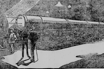 Old black-and-white newspaper sketch of people peering at a very long telescope