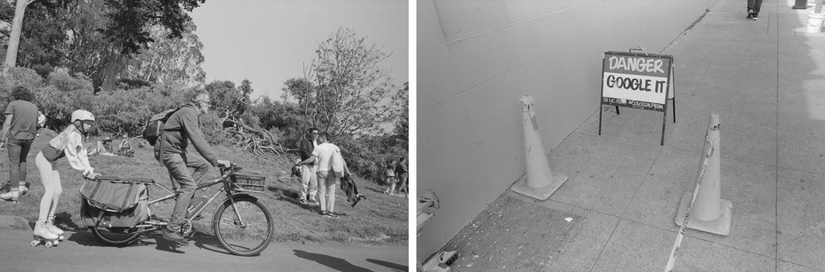 Diptych: a parent on a bike pulls a child on roller skates; a sign reads danger google it