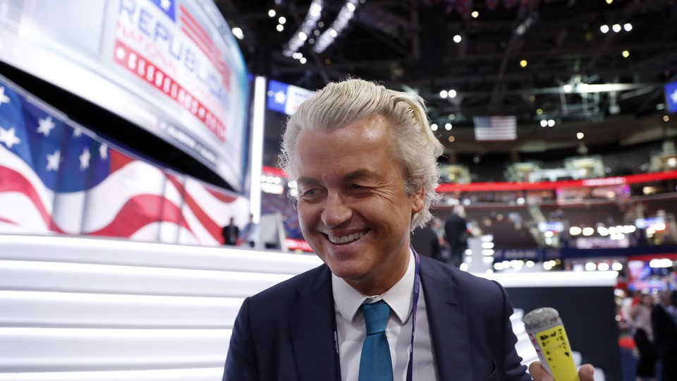 Dutch lawmaker Geert Wilders talks to reporters at the Republican National Convention in Cleveland, July 19, 2016.
