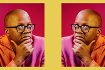 A photo portrait of Michael R. Jackson in glasses with hand on chin, duplicated and mirrored on yellow background.