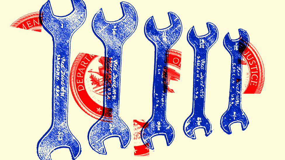 Illustration of tools and the Department of Justice seal.