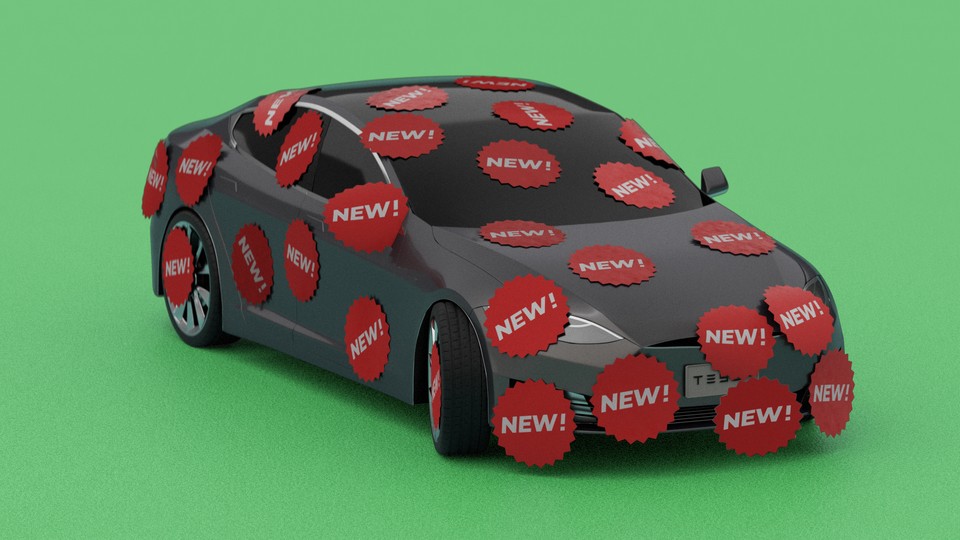 An photo-illustration of a Tesla covered in red "New!" stickers.