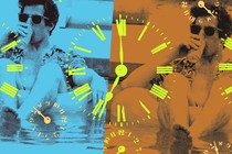 A still of Andy Samberg from the movie "Palm Springs" is covered in images of clocks