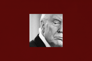 A black and white illustration of Trump scowling in a small square surrounded by a very thick maroon border.