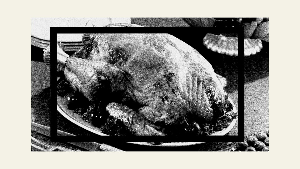 Black-and-white photo of a roast turkey