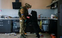 A soldier stands in an abandoned kitchen playing with a dog who is standing on its hind legs in front of him.