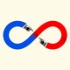 A red and blue infinity sign with fingers pointing at each other.