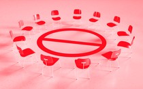 A circle of chairs representing a support group set around a "no" symbol