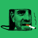 A stylized image of a laptop with Hunter Biden’s face on the front. A cigarette is in his mouth.