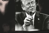 A black-and-white photo-illustration of Donald Trump holding a microphone up to his mouth