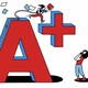 a red A plus and a girl jumping