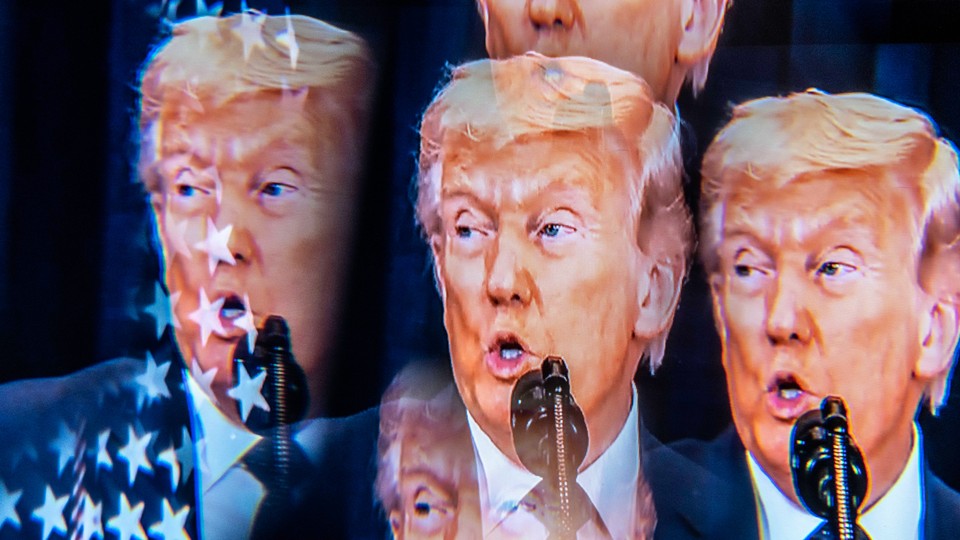 collage of trump speaking into microphone
