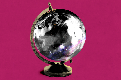 A globe sit against a pink-red background—the continents and clouds are blurring as the universe fades in at the bottom.