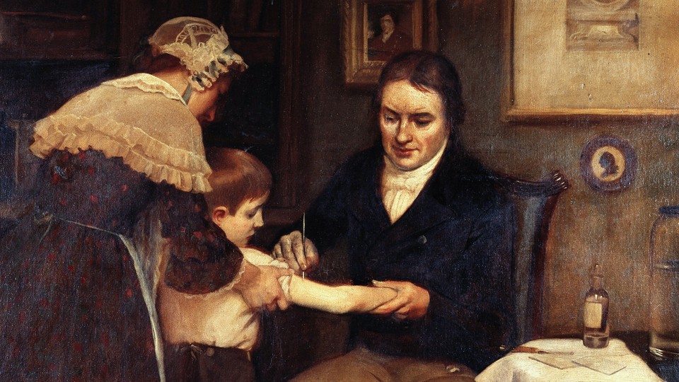 Edward Jenner performing his first smallpox vaccination on a child in 1796.