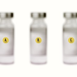three blurred vaccine vials labeled A, B, and C