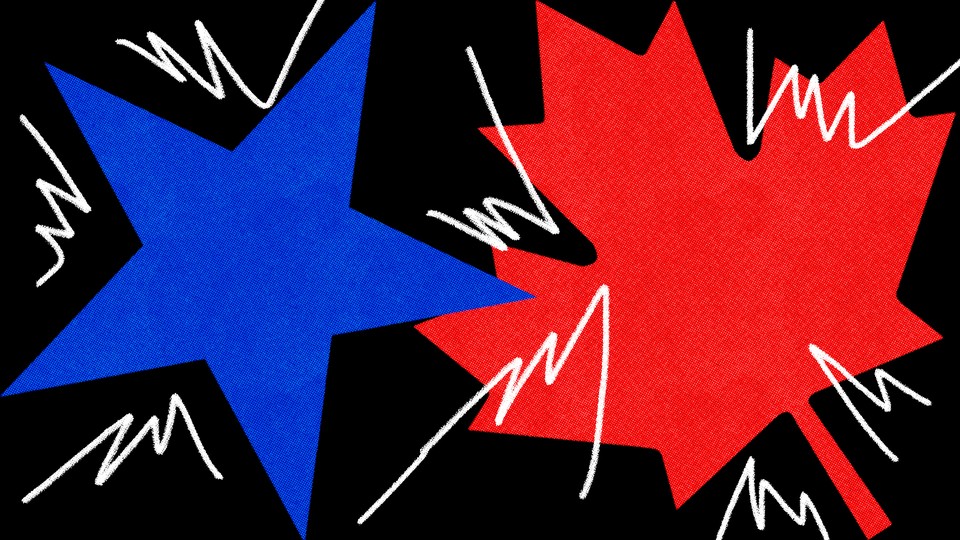 An illustration showing a U.S. star clashing with a Canadian maple leaf.