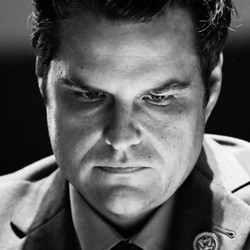 Black and white photo of Matt Gaetz