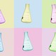 Six multicolor lab flasks