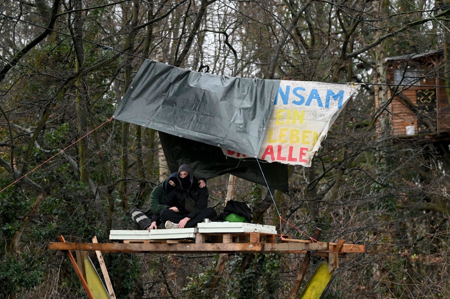 Two protesters embrace as they sit on a platform in a tree beneath a tarp.