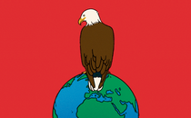 Illustration of the back of a bald eagle perched on globe with red background