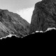 Black-and-white photograph of barren mountains