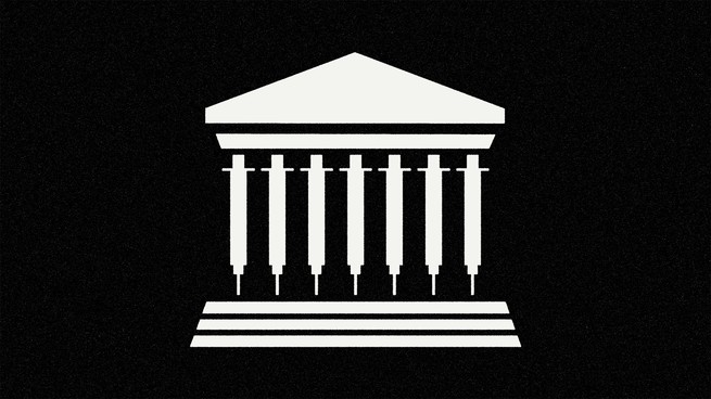 A white minimalist-cartoon rendition of the Supreme Court on a black background. The columns are made up of syringes.