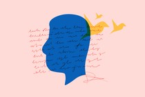 An illustrated collage of a silhouetted head, scribbled words, and birds