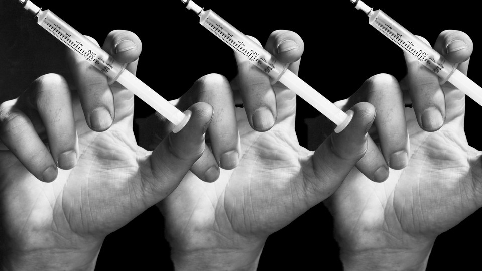 A black-and-white photo graphic of three repeating hands each holding up a syringe