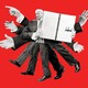 An illustration of Trump holding an executive order, with multiple arms and legs coming from his body