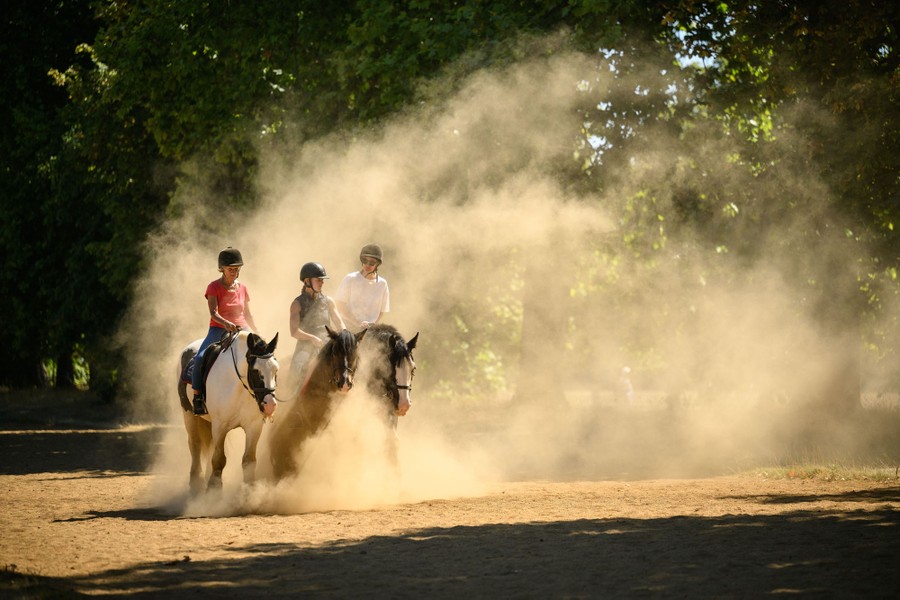 Three riders on horses pass through a park, surrounded by a cloud of dust.