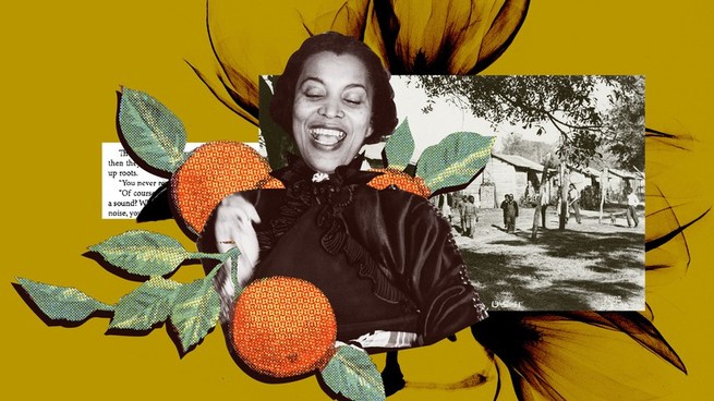 Collage with a photo of a smiling Zora Neale Hurston