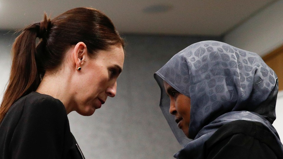 New Zealand Prime Minister Jacinda Ardern meets with one of the first responders who was at the scene of the Christchurch mosque shootings.