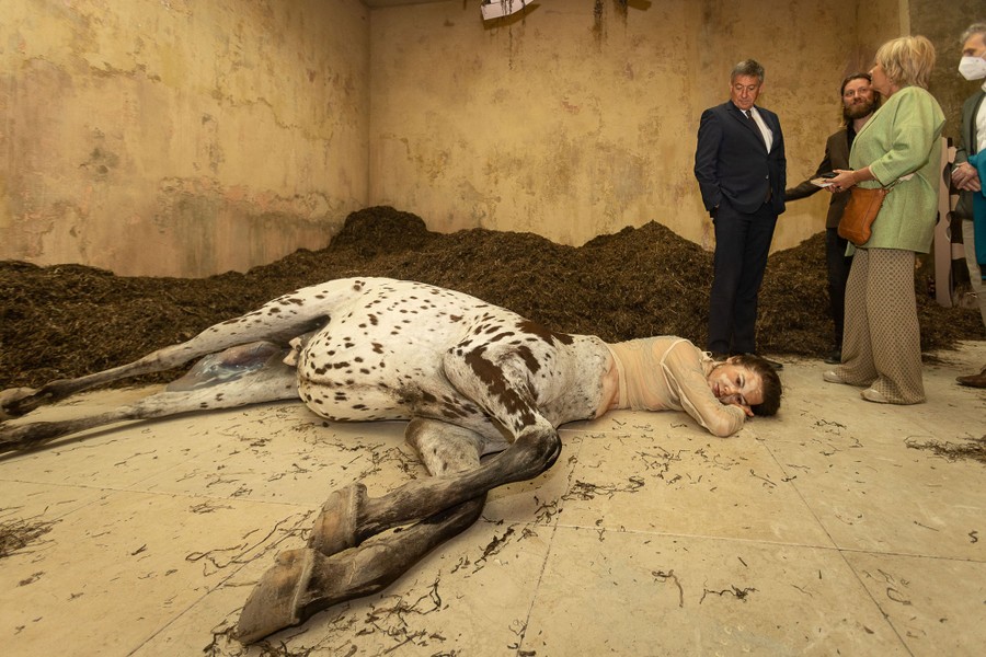 Several visitors stand beside a work of art that appears to depict a life-size centaur lying on a stable floor.