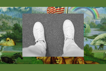 The legs and feet of a person wearing sweatpants, set into The Experiment’s image template.
