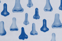 Many blue-filtered cut-out photos of noses