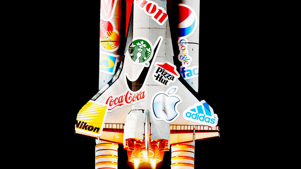 A spaceship covered in brand logos