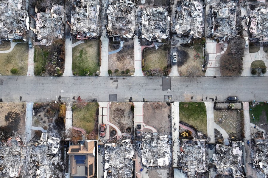 An aerial view of more than a dozen homes that burned in a fire in California