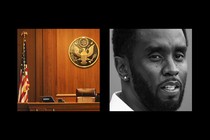 A diptych image of a courtroom and Sean “Diddy” Combs