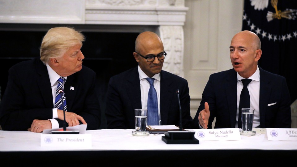 President Donald Trump, Satya Nadella of Microsoft, and Jeff Bezos of Amazon