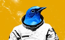 An illustration of a blue bird—representing Twitter's mascot—wearing a spacesuit