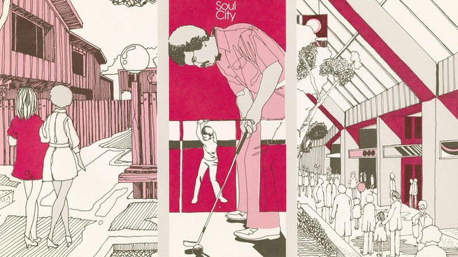 Promotional brochure illustrating people playing golf and going shopping in Soul City