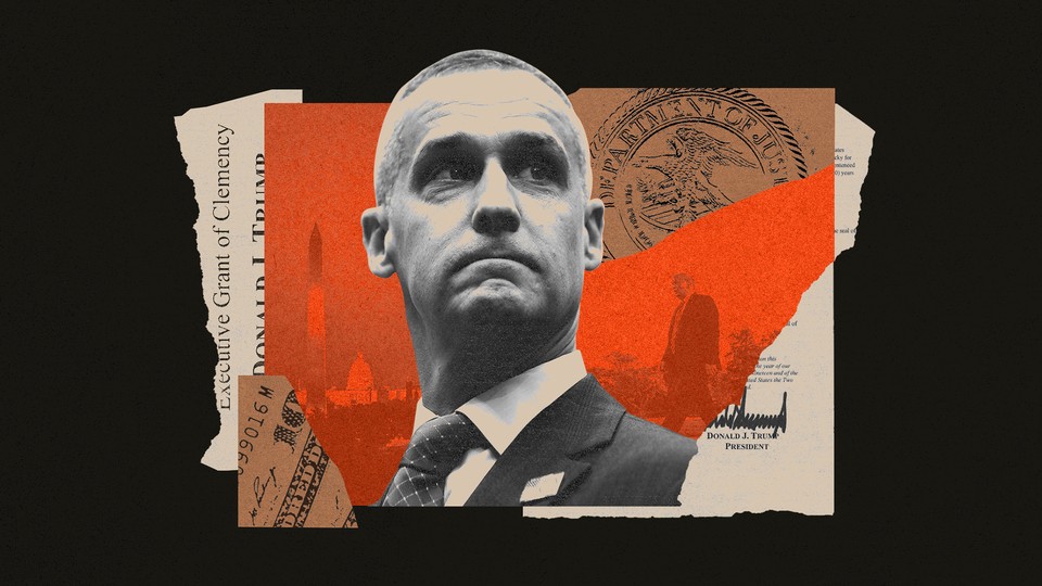 An illustration shows former Trump campaign manager Corey Lewandowski and scraps of paper featuring an Executive Grant of Clemency, money, and Donald Trump's signature.
