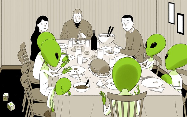 An illustration of a family dinner with some extraterrestrial guests.