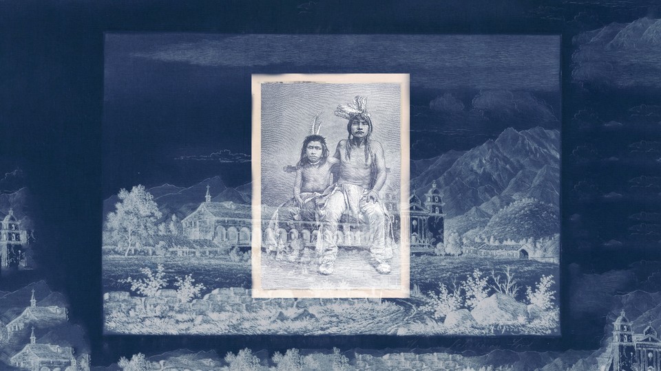 Artwork depicting a historical photograph of two Native American children overlaid on a blue-toned photograph of the Santa Barbara Mission