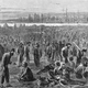 black-and-white etching of thousands of haggard men in open-air camp