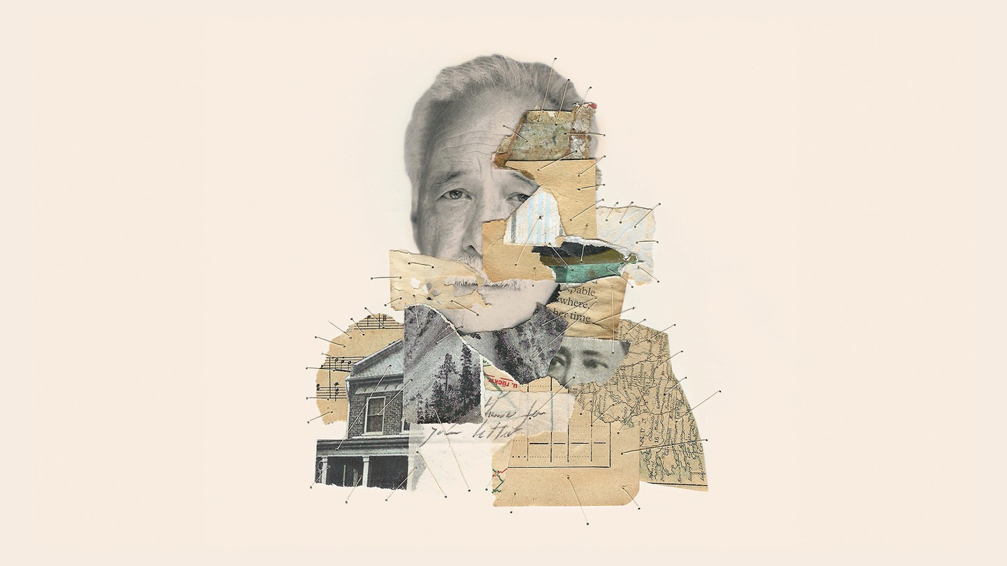 Illustration of collaged photos, maps, sheet music, and paper bits sewn together, including image of W. G. Sebald