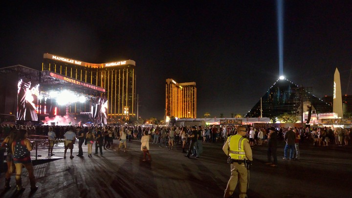 The grounds are shown at the Route 91 Harvest festival, with the Mandalay Bay Hotel behind the stage