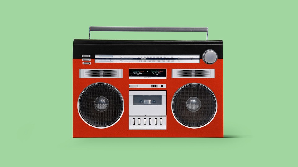 A boom box's parts superimposed on a red book cover.